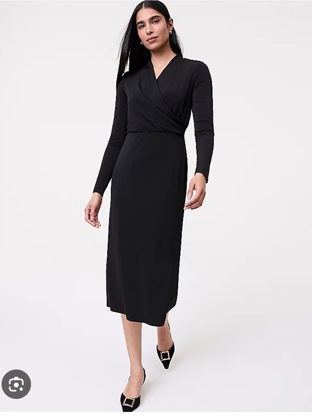 Ann Taylor Black Long-Sleeve Wrap Midi Dress with V-Neck